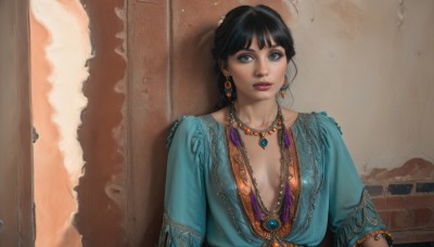 1girl,solo,long hair,breasts,looking at viewer,bangs,blue eyes,black hair,dress,cleavage,jewelry,collarbone,upper body,short sleeves,earrings,small breasts,parted lips,necklace,black eyes,lips,grey eyes,no bra,makeup,blue dress,feathers,gem,breasts apart,realistic,nose,against wall,wall,brick wall,medium breasts