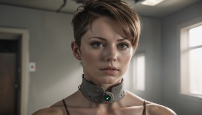 1girl,solo,looking at viewer,short hair,brown hair,brown eyes,collarbone,parted lips,indoors,blurry,collar,lips,window,portrait,realistic,nose,door,jewelry,earrings,blurry background,freckles