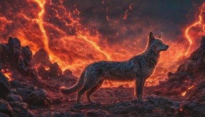 red eyes, outdoors, sky, cloud, no humans, animal, cloudy sky, fire, rock, lightning, molten rock