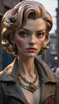 1girl,solo,breasts,looking at viewer,blush,short hair,blue eyes,blonde hair,brown hair,hair ornament,cleavage,jewelry,closed mouth,jacket,upper body,flower,earrings,outdoors,artist name,hair flower,necklace,blurry,lips,grey eyes,eyelashes,makeup,depth of field,blurry background,rose,lipstick,freckles,curly hair,brown jacket,realistic,nose,leather,leather jacket,mascara,chain,portrait