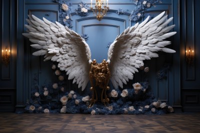 PREMIUM,solo,sitting,flower,wings,indoors,no humans,rose,fire,white flower,scenery,feathered wings,angel wings,door,white wings,angel,candle,white rose,throne,statue,multiple wings,spread wings,candlestand,chandelier,chair,plant