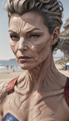 1girl,solo,breasts,looking at viewer,short hair,blue eyes,black hair,jewelry,collarbone,swimsuit,upper body,earrings,outdoors,parted lips,solo focus,day,blurry,lips,grey eyes,depth of field,blurry background,scar,beach,portrait,genderswap (mtf),veins,realistic,sand,sky,artist name,bodysuit,muscular,piercing,very short hair,cyborg,superhero,spider web print,veiny arms