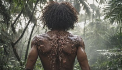 solo,black hair,1boy,upper body,male focus,nude,outdoors,day,dark skin,from behind,blurry,tree,tattoo,depth of field,blurry background,back,dark-skinned male,plant,nature,forest,realistic,arms at sides,facing away,very dark skin,dreadlocks,back tattoo,afro,leaf,topless male,arm tattoo,full-body tattoo,back focus