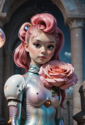 1girl,solo,long hair,breasts,looking at viewer,hair ornament,upper body,ponytail,pink hair,flower,small breasts,parted lips,sky,shiny,artist name,armor,blurry,black eyes,lips,bodysuit,covered navel,makeup,rose,watermark,star (sky),skin tight,web address,pink flower,freckles,shiny clothes,realistic,nose,pink rose,pillar,green eyes,covered nipples,leaf