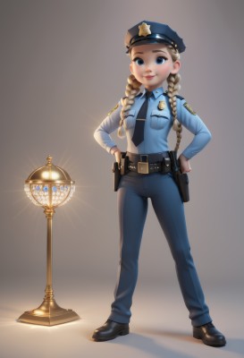 1girl,solo,long hair,breasts,looking at viewer,smile,blue eyes,blonde hair,simple background,shirt,long sleeves,hat,closed mouth,standing,full body,weapon,braid,small breasts,necktie,shoes,collared shirt,belt,pants,black footwear,uniform,twin braids,lips,gun,shadow,blue shirt,black necktie,buckle,handgun,blue headwear,pocket,hands on hips,pouch,lantern,blue pants,lamp,holster,police,police uniform,policewoman,police hat,light bulb,hair over shoulder