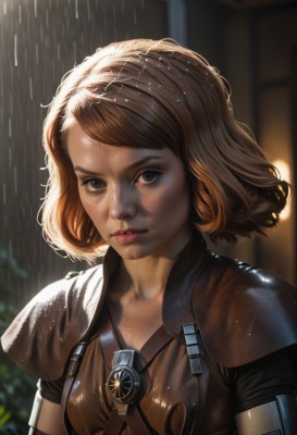 1girl,solo,breasts,looking at viewer,short hair,brown hair,brown eyes,closed mouth,upper body,artist name,armor,blurry,lips,wet,grey eyes,eyelashes,blurry background,shoulder armor,wet clothes,freckles,rain,pauldrons,realistic,nose,wet hair,leather,outdoors,shoulder pads