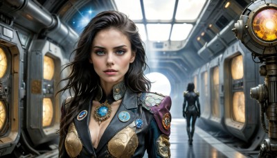 HQ,1girl,long hair,breasts,looking at viewer,blue eyes,multiple girls,black hair,2girls,cleavage,jewelry,medium breasts,parted lips,solo focus,necklace,lips,bodysuit,makeup,science fiction,realistic,emblem,badge,dirty,spacecraft,medal,large breasts,1boy,upper body,window,lipstick,forehead,reflection,machine