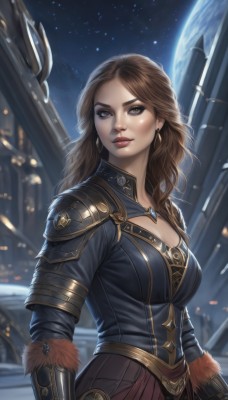 1girl,solo,long hair,breasts,looking at viewer,large breasts,brown hair,cleavage,brown eyes,jewelry,medium breasts,upper body,earrings,parted lips,sky,artist name,armor,lips,fur trim,clothing cutout,makeup,night,moon,cleavage cutout,lipstick,shoulder armor,gauntlets,star (sky),night sky,eyeshadow,starry sky,pauldrons,nose,red lips,planet,skirt,weapon,blurry,realistic,space