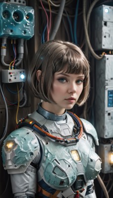 1girl,solo,breasts,looking at viewer,short hair,bangs,blue eyes,brown hair,medium breasts,upper body,parted lips,blunt bangs,armor,lips,bodysuit,bob cut,shoulder armor,freckles,science fiction,breastplate,realistic,nose,cable,power armor,spacesuit,signature,robot,tube,astronaut