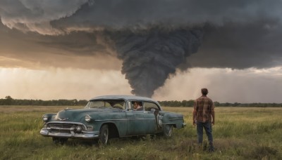 shirt,black hair,1boy,hat,standing,male focus,outdoors,multiple boys,sky,pants,cloud,2boys,from behind,plaid,cloudy sky,grass,denim,ground vehicle,scenery,motor vehicle,smoke,jeans,car,vehicle focus,plaid shirt,1girl,short hair,brown hair,red shirt,field