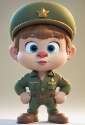 solo,looking at viewer,smile,short hair,blue eyes,simple background,brown hair,shirt,long sleeves,1boy,hat,closed mouth,standing,full body,male focus,shoes,belt,pants,star (symbol),uniform,lips,military,gradient background,military uniform,shadow,brown footwear,buckle,freckles,brown background,pocket,hands on hips,military hat,belt buckle,green headwear,green shirt,brown belt,breast pocket,male child,green pants,open mouth,jacket,boots,chibi,realistic,nose