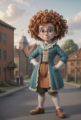 1girl,solo,looking at viewer,smile,short hair,blue eyes,brown hair,dress,closed mouth,standing,full body,outdoors,sky,shoes,glasses,day,socks,belt,cloud,tree,blue sky,kneehighs,brown footwear,cloudy sky,white socks,building,child,mary janes,freckles,black-framed eyewear,curly hair,hands on hips,hands in pockets,round eyewear,female child,road,house,blue coat,long sleeves,pants,artist name,blurry,lips,window,buttons,watermark,grass,scenery,web address