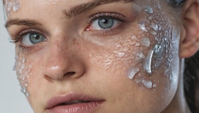 1girl,solo,looking at viewer,blue eyes,simple background,black hair,artist name,lips,grey eyes,eyelashes,watermark,portrait,web address,close-up,realistic,nose,scales,eye focus,brown hair,white background,male focus,parted lips,freckles