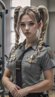 1girl,solo,long hair,breasts,looking at viewer,blush,blonde hair,shirt,twintails,brown eyes,jewelry,medium breasts,closed mouth,upper body,weapon,braid,short sleeves,earrings,necktie,collared shirt,belt,indoors,blurry,uniform,lips,gun,grey eyes,makeup,depth of field,blurry background,drill hair,own hands together,lipstick,twin drills,black necktie,freckles,pocket,red lips,breast pocket,holster,badge,police,police uniform,policewoman,bangs,hair ornament,collarbone,parted lips,artist name,twin braids,blue shirt,grey shirt,forehead,handgun,pouch,realistic,nose,belt pouch,police hat,utility belt,walkie-talkie