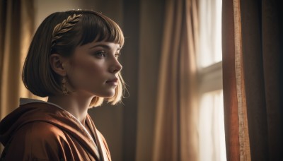 1girl,solo,short hair,bangs,brown hair,black hair,brown eyes,jewelry,closed mouth,upper body,braid,earrings,indoors,hood,blurry,from side,lips,eyelashes,window,profile,depth of field,blurry background,looking away,sunlight,hood down,curtains,realistic,nose,artist name,blunt bangs,black eyes,bob cut,portrait,backlighting,crown braid,looking afar