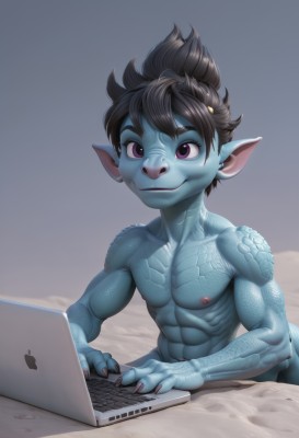 solo,looking at viewer,smile,black hair,1boy,closed mouth,nipples,purple eyes,tail,upper body,male focus,pointy ears,fingernails,muscular,colored skin,abs,pectorals,topless male,blue skin,scales,computer,male child,laptop,monster boy,keyboard (computer),yordle,dragon boy,1girl,short hair,lips,tattoo,thick eyebrows,web address,nose,green skin,full-body tattoo,gills