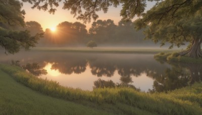 outdoors,sky,day,cloud,water,tree,no humans,sunlight,grass,nature,scenery,forest,reflection,sunset,light rays,sun,lake,plant,lens flare,horizon,landscape,reflective water