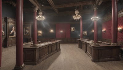 1girl,brown hair,indoors,no humans,chair,table,scenery,reflection,wooden floor,stairs,light,lamp,candle,pillar,painting (object),ceiling,piano,candlestand,ceiling light,chandelier