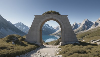 outdoors,sky,day,water,tree,blue sky,no humans,grass,nature,scenery,rock,mountain,pillar,landscape,mountainous horizon,ruins,cliff,arch,stone