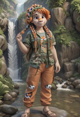 1girl,solo,long hair,smile,brown hair,shirt,brown eyes,standing,jacket,full body,braid,short sleeves,outdoors,open clothes,day,belt,pants,water,bag,orange hair,black eyes,twin braids,open jacket,toes,watermark,brown footwear,sandals,backpack,animal print,nature,bandaid,freckles,rock,green shirt,bandaid on face,holding hair,camouflage,river,waterfall,playing with own hair,grass,goggles,goggles on head,overalls,stream,frog print