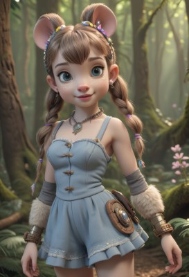 1girl,solo,long hair,breasts,looking at viewer,smile,bangs,blue eyes,brown hair,hair ornament,dress,animal ears,bare shoulders,twintails,jewelry,standing,braid,flower,cowboy shot,earrings,small breasts,outdoors,sleeveless,day,artist name,necklace,blurry,twin braids,bracelet,tree,lips,fur trim,depth of field,blurry background,blue dress,short dress,child,nature,pendant,forest,freckles,mouse ears,arms at sides,female child