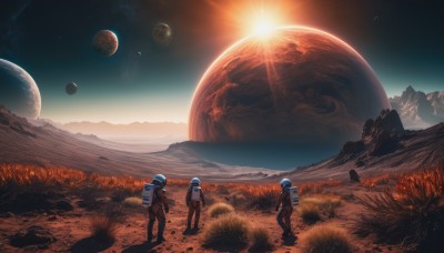 standing,male focus,outdoors,multiple boys,sky,signature,2boys,bag,from behind,night,moon,backpack,3boys,helmet,grass,star (sky),scenery,starry sky,walking,science fiction,4boys,sunset,mountain,sun,space,wide shot,multiple others,planet,ambiguous gender,earth (planet),spacesuit,space helmet,astronaut,1other,floating,rock,2others,3others