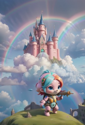 1girl,solo,smile,blue eyes,gloves,holding,closed mouth,blue hair,standing,weapon,pink hair,multicolored hair,outdoors,sky,day,pointy ears,artist name,cloud,chibi,holding weapon,orange hair,armor,two-tone hair,blue sky,gun,aqua hair,bird,watermark,cloudy sky,grass,holding gun,rifle,furry,rainbow,castle,yordle,rainbow hair,long hair