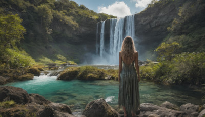 1girl, solo, long hair, brown hair, dress, standing, outdoors, sky, day, cloud, water, from behind, tree, nature, scenery, rock, facing away, waterfall