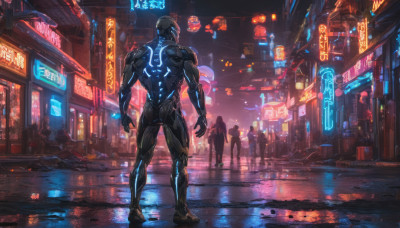 1boy, standing, male focus, outdoors, multiple boys, from behind, night, building, scenery, science fiction, city, road, cyborg, street, power armor, neon trim, city lights, cyberpunk, neon lights, power suit, hologram