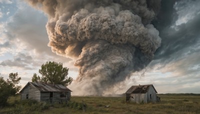 outdoors,sky,day,cloud,tree,blue sky,no humans,window,cloudy sky,grass,building,nature,scenery,forest,smoke,road,bush,house,field,chimney