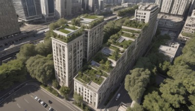 outdoors,day,tree,no humans,window,ground vehicle,building,scenery,motor vehicle,city,sign,car,road,cityscape,ruins,street,skyscraper,overgrown,real world location,from above,bridge