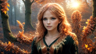 HQ,1girl,solo,long hair,breasts,looking at viewer,smile,blue eyes,blonde hair,brown hair,hair ornament,collarbone,upper body,outdoors,tree,lips,eyelashes,leaf,wavy hair,sunlight,nature,forest,freckles,curly hair,realistic,nose,autumn leaves,maple leaf,autumn,red hair,parted lips,orange hair,watermark