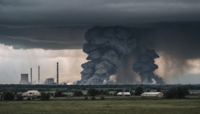 outdoors,sky,cloud,tree,no humans,cloudy sky,grass,ground vehicle,building,scenery,motor vehicle,smoke,car,road,ruins,day,nature,city,field,house,landscape,truck