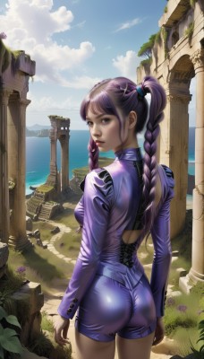 1girl,solo,long hair,breasts,looking at viewer,bangs,hair ornament,long sleeves,twintails,brown eyes,medium breasts,standing,purple hair,ass,braid,flower,cowboy shot,outdoors,parted lips,sky,shorts,day,looking back,artist name,cloud,water,from behind,twin braids,blue sky,lips,short shorts,bodysuit,makeup,ocean,beach,cloudy sky,lipstick,skin tight,rock,nose,hair tie,arms at sides,horizon,ruins,pillar,purple shorts,gloves,purple eyes,shiny,grass,shiny clothes,realistic