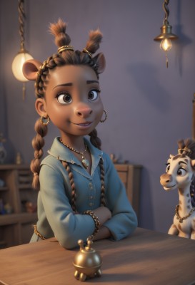 1girl,solo,long hair,smile,brown hair,shirt,hair ornament,long sleeves,animal ears,brown eyes,jewelry,sitting,upper body,braid,earrings,parted lips,teeth,indoors,dark skin,necklace,blurry,looking at another,twin braids,dark-skinned female,lips,buttons,depth of field,blurry background,animal,crossed arms,table,blue shirt,child,furry,hoop earrings,hair tie,furry female,female child,lamp,animal nose,multi-tied hair,multiple braids,twintails,collared shirt,artist name,signature,freckles,nose,gold,deer ears