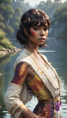 1girl,solo,breasts,looking at viewer,short hair,bangs,black hair,hair ornament,bare shoulders,brown eyes,jewelry,standing,upper body,small breasts,outdoors,parted lips,detached sleeves,day,hairclip,dark skin,water,black eyes,from side,dark-skinned female,tree,lips,sash,tattoo,makeup,leaf,facial mark,sunlight,nature,forest,freckles,realistic,nose,facepaint,dappled sunlight,river,lake,pond,brown hair,closed mouth,collarbone,artist name,tribal