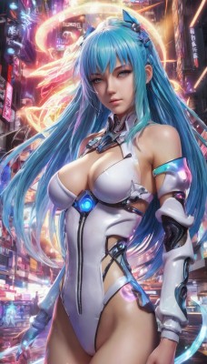 1girl,solo,long hair,breasts,looking at viewer,bangs,blue eyes,large breasts,hair ornament,thighhighs,animal ears,cleavage,bare shoulders,medium breasts,blue hair,standing,cowboy shot,detached sleeves,leotard,lips,grey eyes,clothing cutout,covered navel,headgear,highleg,halo,cleavage cutout,highleg leotard,science fiction,realistic,white leotard,closed mouth,shiny,watermark,city,neon lights