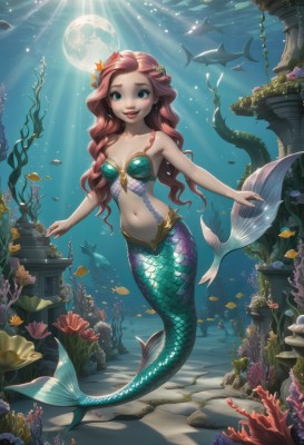 1girl,solo,long hair,breasts,looking at viewer,blush,smile,open mouth,blue eyes,hair ornament,navel,cleavage,bare shoulders,medium breasts,green eyes,collarbone,full body,pink hair,flower,:d,red hair,small breasts,teeth,midriff,artist name,hair flower,water,aqua eyes,ocean,watermark,wavy hair,moon,sunlight,monster girl,full moon,fish,bubble,curly hair,light rays,rock,underwater,scales,air bubble,mermaid,sunbeam,head fins,shell,pillar,starfish,turtle,coral,shell bikini,seaweed,clownfish,swimsuit,braid,bikini,dated,lips,chain,bikini top only,fins