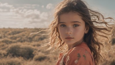 1girl,solo,long hair,looking at viewer,brown hair,black hair,brown eyes,closed mouth,upper body,outdoors,japanese clothes,sky,day,cloud,kimono,blurry,from side,blue sky,lips,looking to the side,grey eyes,floating hair,depth of field,blurry background,floral print,cloudy sky,wind,messy hair,portrait,freckles,realistic,nose,wavy hair,expressionless