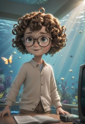 1girl,solo,looking at viewer,smile,short hair,open mouth,brown hair,shirt,long sleeves,brown eyes,white shirt,parted lips,glasses,collared shirt,pants,indoors,dark skin,book,buttons,sunlight,bug,messy hair,butterfly,child,desk,fish,bubble,black-framed eyewear,curly hair,light rays,underwater,open book,female child,computer,male child,coral,aquarium,1boy,male focus,shorts,teeth,animal,wavy hair,thick eyebrows,freckles,air bubble,sunbeam