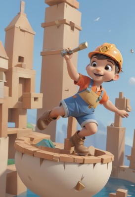 solo,smile,short hair,open mouth,brown hair,shirt,1boy,hat,holding,brown eyes,full body,short sleeves,male focus,boots,outdoors,sky,shorts,teeth,day,water,blue sky,bird,brown footwear,helmet,child,overalls,male child,orange shirt,hardhat,hammer,wrench