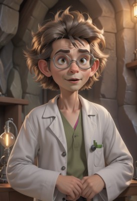 1girl,solo,looking at viewer,smile,short hair,open mouth,brown hair,shirt,long sleeves,1boy,brown eyes,upper body,male focus,parted lips,glasses,teeth,artist name,indoors,messy hair,child,realistic,round eyewear,green shirt,labcoat,lamp,male child,collarbone,lips,thick eyebrows,freckles,badge