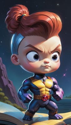 1girl,solo,short hair,blue eyes,brown hair,gloves,1boy,closed mouth,standing,full body,ponytail,male focus,outdoors,sky,chibi,orange hair,book,bodysuit,muscular,night,frown,clenched hand,star (sky),night sky,clenched hands,starry sky,open book,space,superhero,topknot,red hair,belt,mohawk