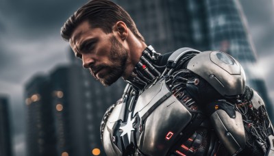 solo,short hair,brown hair,1boy,upper body,male focus,outdoors,dark skin,armor,blurry,profile,blurry background,facial hair,dark-skinned male,building,beard,science fiction,city,realistic,mustache,mechanical arms,manly,cyborg,single mechanical arm,cyberpunk,black hair,closed mouth,robot,power armor