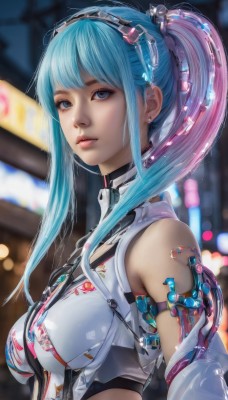 1girl,solo,long hair,breasts,looking at viewer,bangs,blue eyes,bare shoulders,jewelry,medium breasts,blue hair,upper body,ponytail,pink hair,sidelocks,multicolored hair,earrings,parted lips,midriff,blurry,from side,two-tone hair,lips,blurry background,headgear,science fiction,realistic,nose,android,cyborg,cyberpunk,hair ornament,twintails,closed mouth,hairband,sleeveless,artist name,crop top,eyelashes,gradient hair,depth of field,expressionless,piercing,cable,bokeh