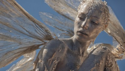 solo,looking at viewer,blue eyes,simple background,1boy,upper body,male focus,parted lips,wings,sky,day,blurry,lips,depth of field,blurry background,blue background,portrait,realistic,statue,insect wings,closed mouth,outdoors,armor,blue sky,colored skin,cracked skin