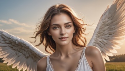 1girl,solo,long hair,breasts,looking at viewer,smile,brown hair,dress,bare shoulders,brown eyes,collarbone,upper body,outdoors,parted lips,wings,sky,sleeveless,day,cloud,white dress,blurry,lips,blurry background,feathered wings,angel wings,realistic,nose,white wings,angel,cleavage,blue sky,portrait