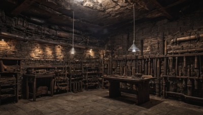 indoors,no humans,chair,table,building,scenery,light,lamp,ceiling light,stairs,wall,brick wall,bar (place),chandelier,stone floor,stone wall,wooden chair