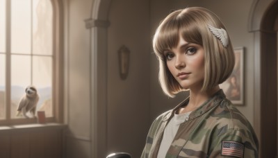 1girl,solo,looking at viewer,smile,short hair,bangs,brown hair,shirt,hair ornament,brown eyes,jacket,white shirt,upper body,parted lips,indoors,blurry,uniform,cup,lips,military,window,military uniform,bird,bob cut,feathers,curtains,head wings,mug,realistic,nose,camouflage,american flag,owl