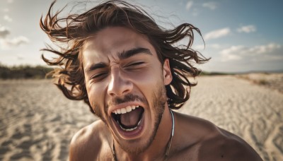 solo,smile,open mouth,brown hair,black hair,1boy,jewelry,collarbone,closed eyes,male focus,outdoors,sky,teeth,day,cloud,necklace,blurry,floating hair,blurry background,facial hair,thick eyebrows,wind,messy hair,portrait,facing viewer,beard,topless male,realistic,mustache,sand,stubble,tongue,mole,beach,meme,laughing,photo background